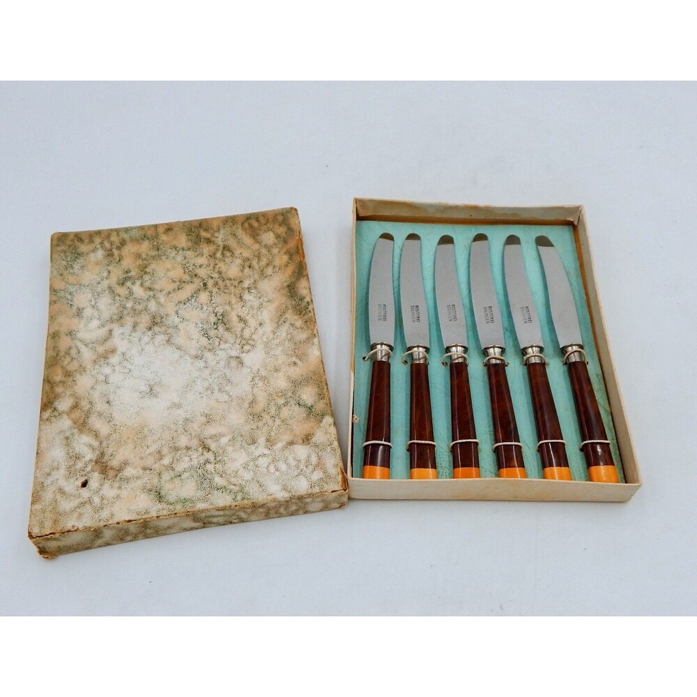 Rostfrei Solingen Dessert Knife 6 Pc Set Wood Grain Bakelite Handle Box 1930s